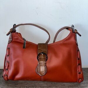 Bundle Burnt orange faux leather hand bag with crocodile print buckle closure